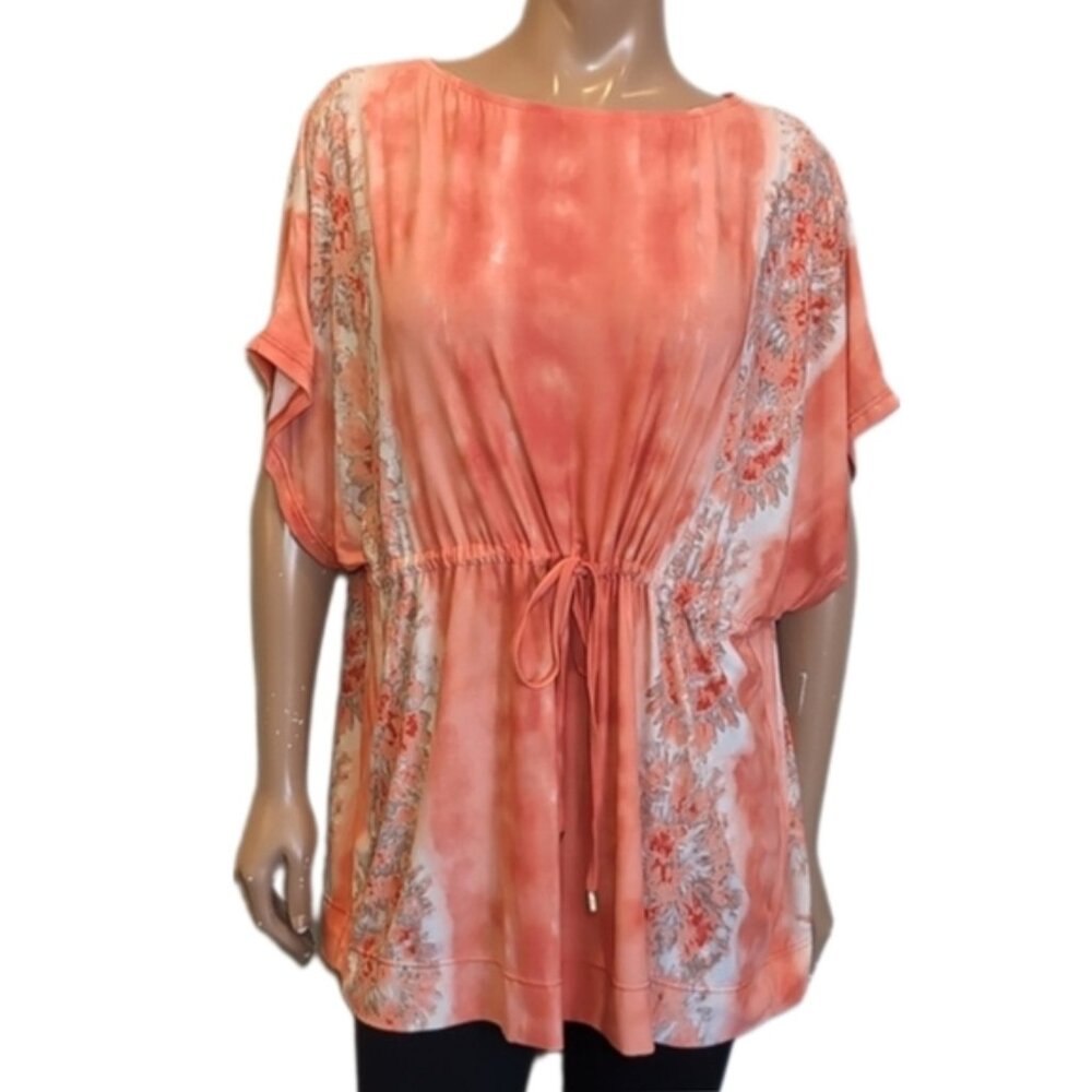 Michael Kors Coral Tie Dye Kaftan Tunic Top Drawstring Watercolor Swim Cover Up